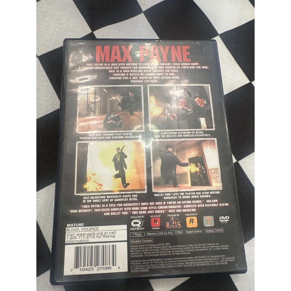 Max Payne Sony PlayStation 2 PS2 Video Game Rockstar Games SLUS-20230 Black Case